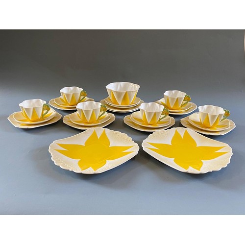 545 - Rare Shelley yellow harlequin dainty floral handle part teas set comprising of 2 sandwich plates sug... 