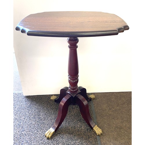 409 - Mahogany square occasional table brass feet, measures approx 27