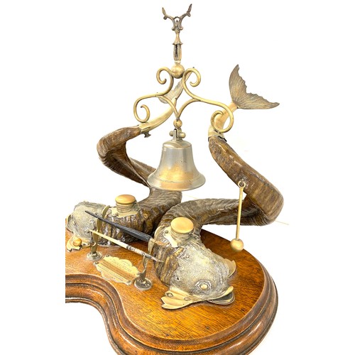 1 - 1880's English Ram horn and silver plate dolphin inkwell, Bell and striker to call for help, include... 