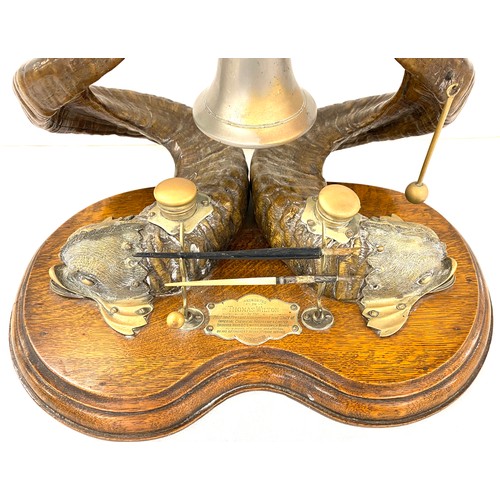 1 - 1880's English Ram horn and silver plate dolphin inkwell, Bell and striker to call for help, include... 