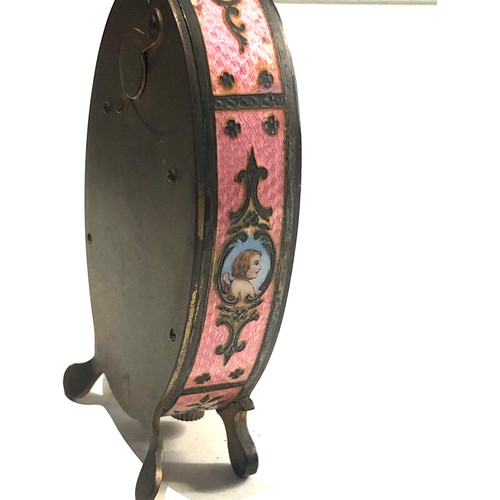 548 - 19th century pink guilloche enamel boudoir desk clock with cherub panels and Watteauesque panel of l... 