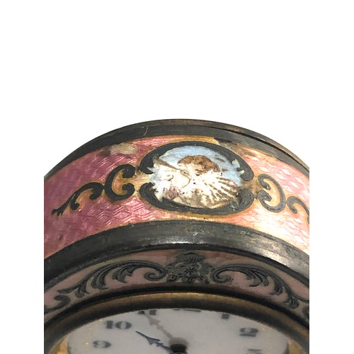 548 - 19th century pink guilloche enamel boudoir desk clock with cherub panels and Watteauesque panel of l... 