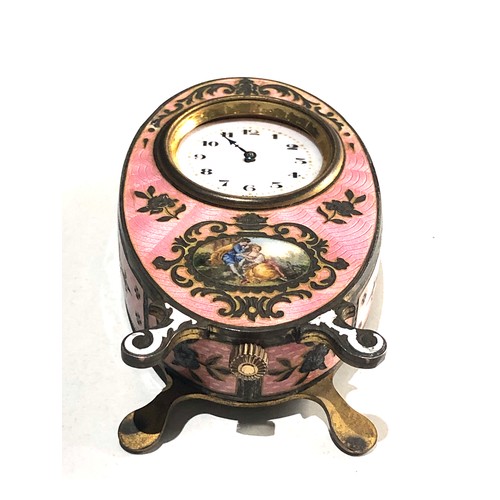 548 - 19th century pink guilloche enamel boudoir desk clock with cherub panels and Watteauesque panel of l... 