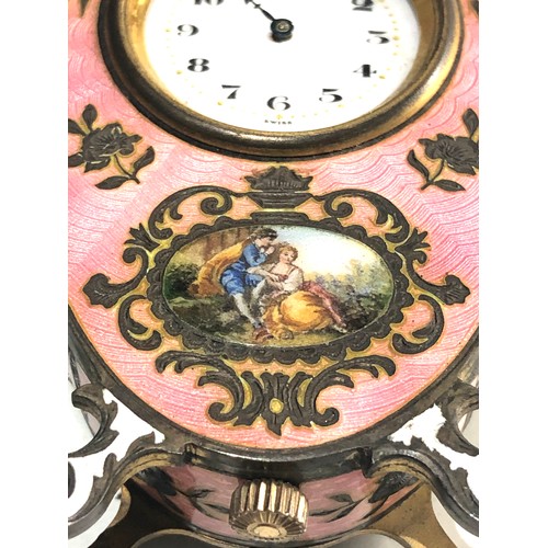 548 - 19th century pink guilloche enamel boudoir desk clock with cherub panels and Watteauesque panel of l... 