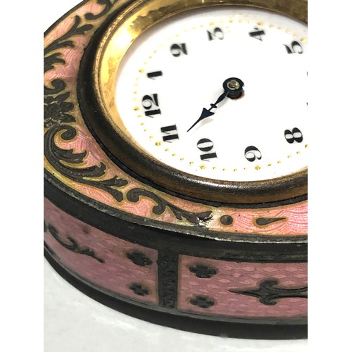 548 - 19th century pink guilloche enamel boudoir desk clock with cherub panels and Watteauesque panel of l... 