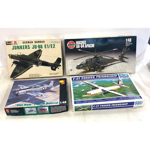 65 - Selection of 4 Model boxed air crafts includes, German bomber, Hughes Ah-64, Viet Nam, F-27 Fokker f... 