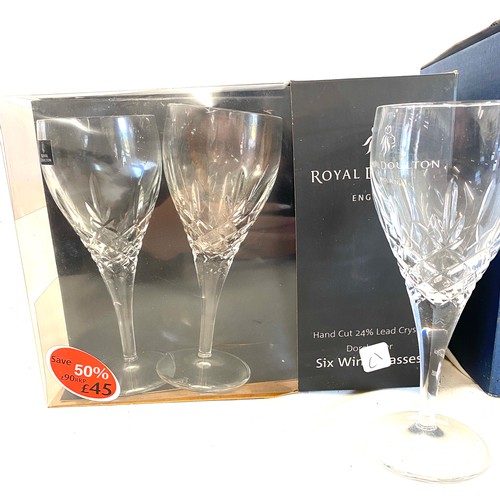 45 - 6 Boxed Royal Doulton wine glasses and selection of bohemian crystal glasses