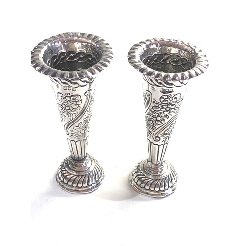 36 - Pair of antique silver rose vases London silver hallmarks measure approx 11cm tall weighted bases