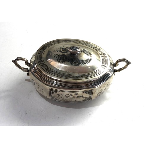 1A - Persian silver niello lidded bowl weight 445g niello scenic panels around measures approx 17cm by 8c... 