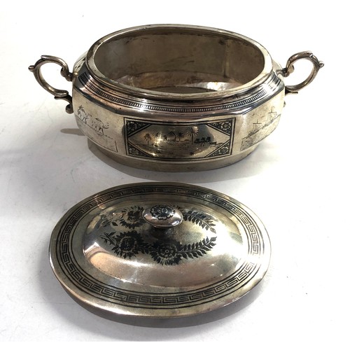 1A - Persian silver niello lidded bowl weight 445g niello scenic panels around measures approx 17cm by 8c... 