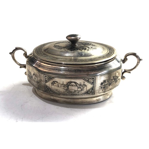 1A - Persian silver niello lidded bowl weight 445g niello scenic panels around measures approx 17cm by 8c... 