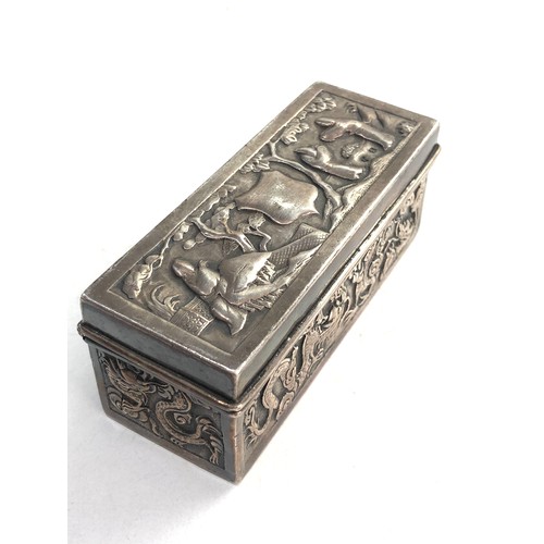 12 - Antique chinese silver hinged lid box measures approx 9.5cm by 3.8cm height 3.5cm chinese scenic sil... 