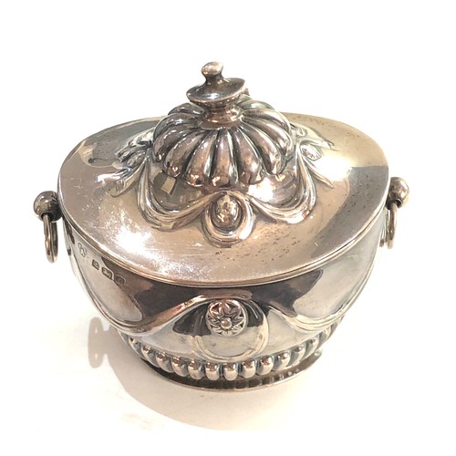 23 - Antique silver tea caddy hinged lid Birmingham silver hallmarks measures approx 9.8cm wide height 10... 