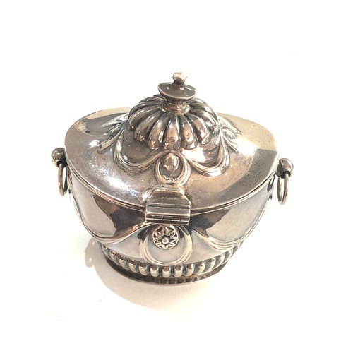 23 - Antique silver tea caddy hinged lid Birmingham silver hallmarks measures approx 9.8cm wide height 10... 