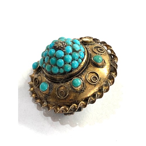 455 - 18ct gold antique turquoise & rose diamond mourning brooch  (7.6g) measures approx 2.9cm dia xrt tes... 