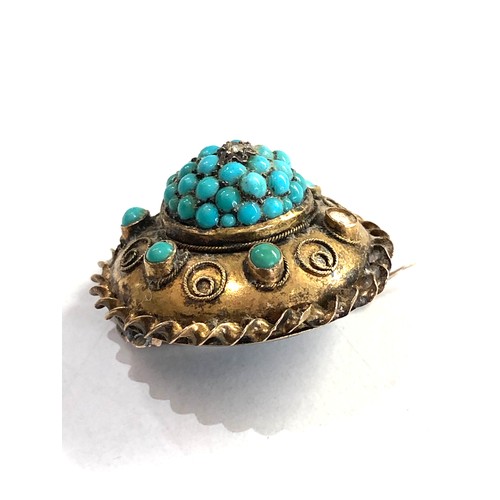 455 - 18ct gold antique turquoise & rose diamond mourning brooch  (7.6g) measures approx 2.9cm dia xrt tes... 