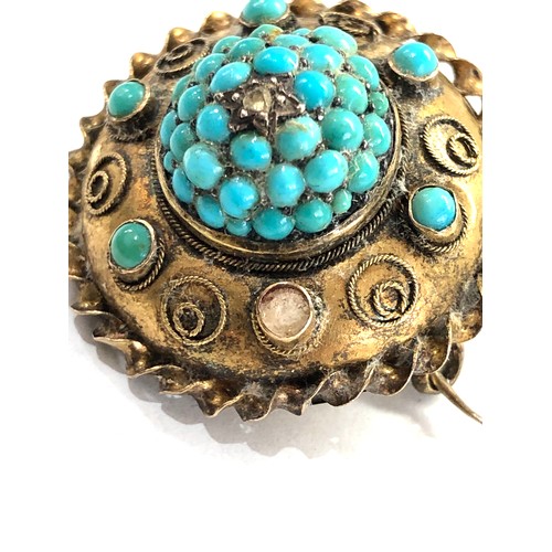 455 - 18ct gold antique turquoise & rose diamond mourning brooch  (7.6g) measures approx 2.9cm dia xrt tes... 