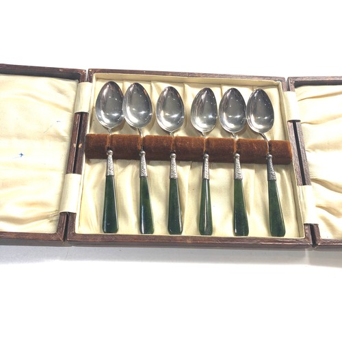 62 - 6 jade handle silver tea spoons Birmingham silver hallmarks