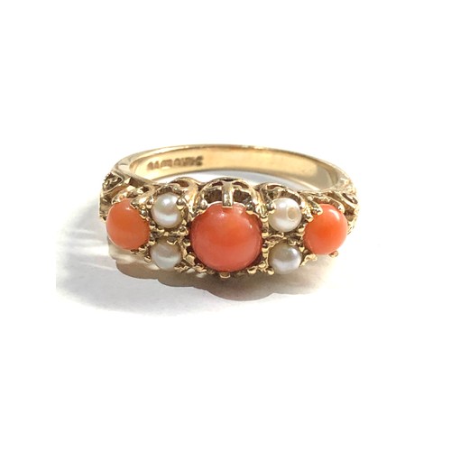 140 - 9ct gold coral & pearl ring 3.2g