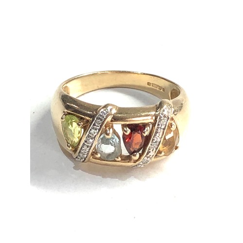 210 - 9ct gold peridot citrine aqua garnet & diamond ring 4.3g