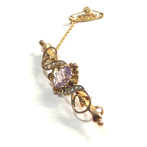 279 - antique 9ct gold amethyst & seed-pearl bar brooch measures approx 5cm 3.8g