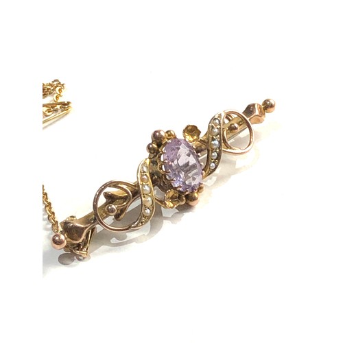 279 - antique 9ct gold amethyst & seed-pearl bar brooch measures approx 5cm 3.8g