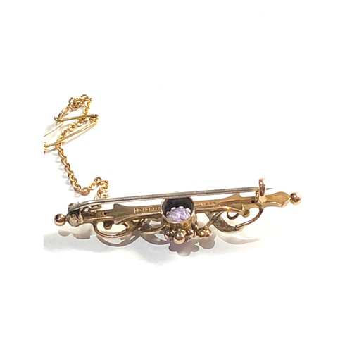 279 - antique 9ct gold amethyst & seed-pearl bar brooch measures approx 5cm 3.8g