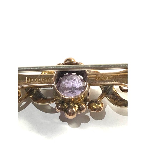 279 - antique 9ct gold amethyst & seed-pearl bar brooch measures approx 5cm 3.8g