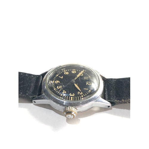 83 - Military 1942 waltham wristwatch black dial 60 second outer track screw back 16 jewel movement milit... 