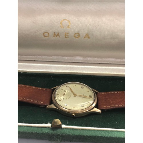 64 - Boxed gents omega 9ct gold wristwatch cal 30t2 pc 15jewel manual wind movement No 11269886 requires ... 