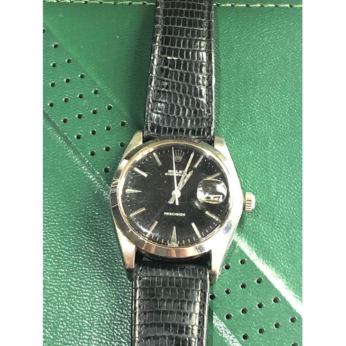 69 - Vintage boxed gents 1950s black dial Rolex oysterdate precision rolex leather strap watch will tick ... 