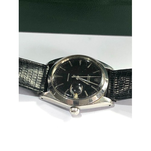 69 - Vintage boxed gents 1950s black dial Rolex oysterdate precision rolex leather strap watch will tick ... 