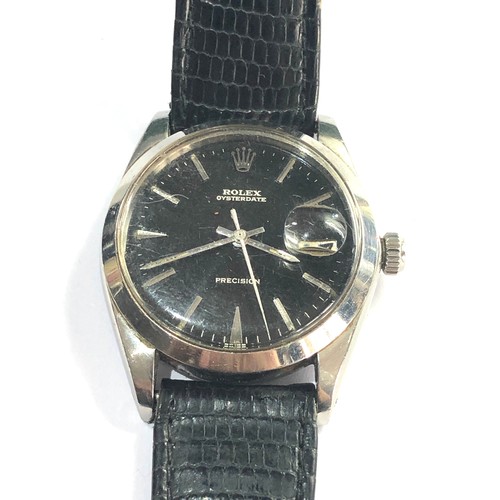 69 - Vintage boxed gents 1950s black dial Rolex oysterdate precision rolex leather strap watch will tick ... 