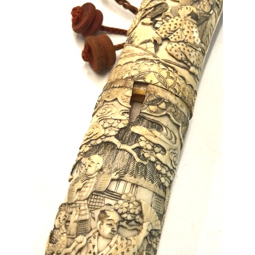 566 - Fine 19th century Japanese ivory katana high detailed carved handle and saya carved in relief with b... 