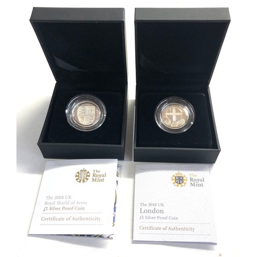 543 - Boxed royal mint silver proof 2010 & 2008 silver one pound coins coa