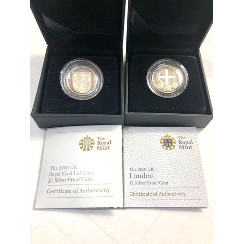 543 - Boxed royal mint silver proof 2010 & 2008 silver one pound coins coa