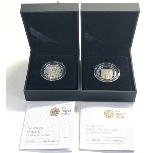 544 - Boxed royal mint silver proof 2011 & 2009 silver one pound coins coa