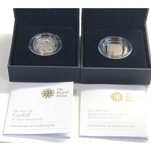 544 - Boxed royal mint silver proof 2011 & 2009 silver one pound coins coa