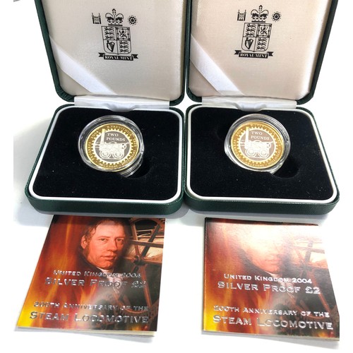 550 - 2 x 2004 silver proof 200th anniversary steam locomotive £2 Coin COA boxed