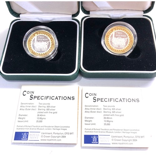 550 - 2 x 2004 silver proof 200th anniversary steam locomotive £2 Coin COA boxed