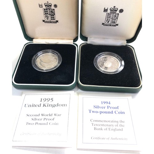 553 - 2 x 1995 & 1996  silver proof £2 Coins COA boxed second world war & commemorating the tercentenary o... 