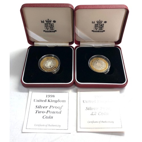 554 - 2 x 1997 & 1998  silver proof £2 Coins COA boxed