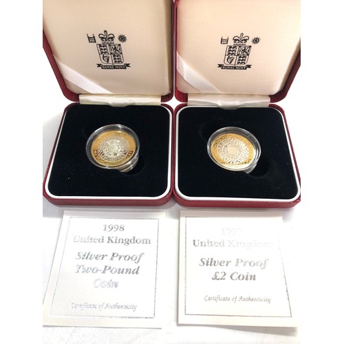 554 - 2 x 1997 & 1998  silver proof £2 Coins COA boxed