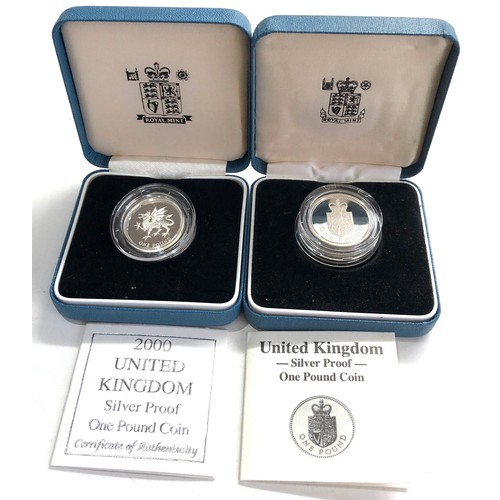 555 - 2 x 1988 & 2000  silver proof £1 Coins COA boxed