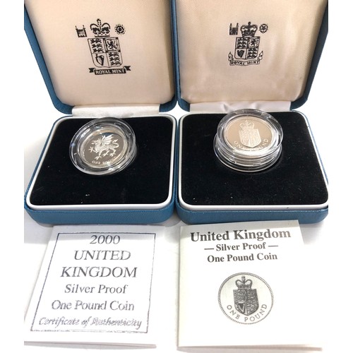 555 - 2 x 1988 & 2000  silver proof £1 Coins COA boxed