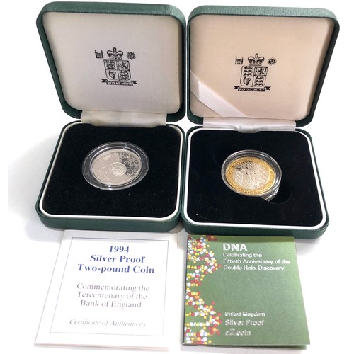 556 - 2 x 1994 & 2003 silver proof £2 Coins COA boxed