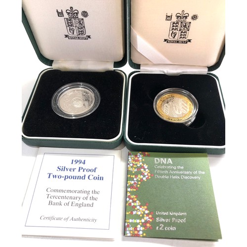 556 - 2 x 1994 & 2003 silver proof £2 Coins COA boxed