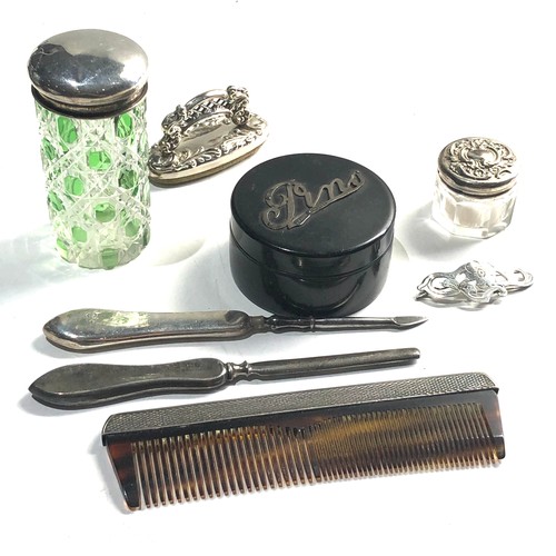 17 - Selection of silver items includes silver top jars pin box etc