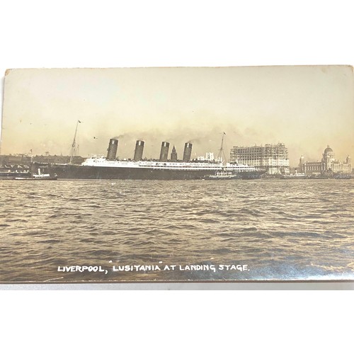 572 - 2 antique real photo postcards R.M.S Lusitania at liverpool landing stage & watchet lifeboat & crew