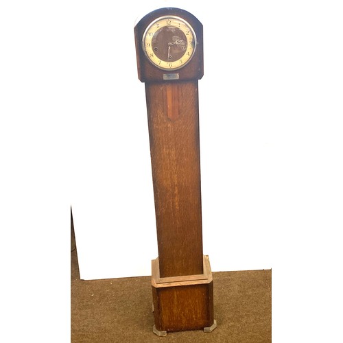 345 - Antique 3 keyhole Smiths oak grand daughter clock with pendulum and key